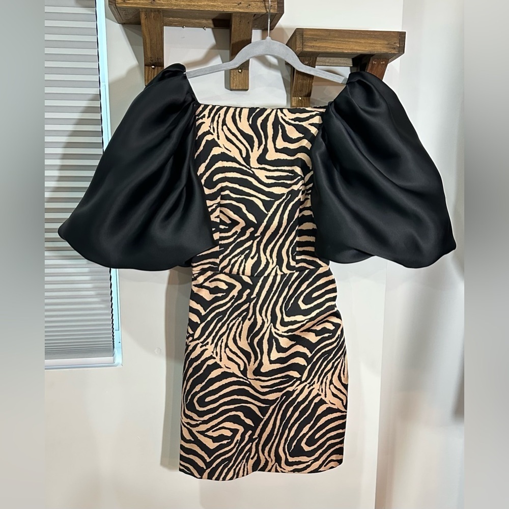 Nwt Rasario Puff Sleeve Oganza And Zebra Print Satin Mini Dress Fr 34 (Us 0) — image 3 of 8